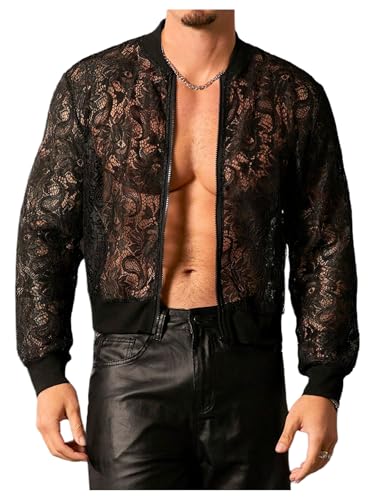 Image of WDIRARA Men's Floral Lace Bomber Jackets Long Sleeve See Through Outerwear | Zip Up Coats, Sexy, Sheer, Party, Concert Outfit