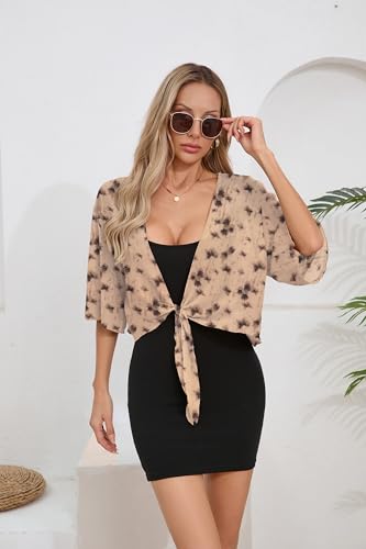 Image of TASAMO Women's 2026 Summer Lightweight Short Bolero Cardigan Shrug Sheer Tie Front Top 3 /4 Sleeve Jacket for Dress