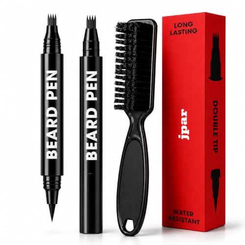 2 Pack - Black Beard Pencil Filler for Men - Waterproof Beard Pen Kit with Brush - Dual Tip Beard Filling Pen for Patches Hairline & Mustache - Natural Look Long Lasting Beard Grooming Tool