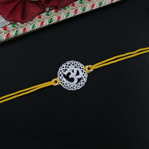 Image of Parnika 925 Om Ganesha Rudraksha Infinity Bro Shiv Bhai Adjustable Silver Rakhi Bracelet For Brother in 92.5 Sterling Silver for Boys and Men | Chandi ki Rakhi | Gift Box Roli Chawal