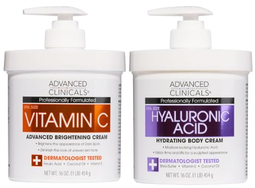Advanced Clinicals Hyaluronic Acid Moisturzier + Brightening Vitamin C Cream 2pc Skincare Set For Women &amp; Men | Face Moisturizer &amp; Body Cream Helps Improve Look Of Crepey Skin &amp; Uneven Skin Tone, 2pc