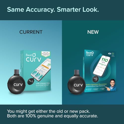 Image of BeatO CURV Smartphone Connected Glucometer | Free 100 Glucometer Strips & 100 Glucometer Lancets | Sugar Testing Machine | Type-C USB Connector | Simple & Accurate Glucometer for Home | ISO Certified: Made in India