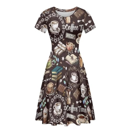 Image of POLERO Women Puffy Swing Elegant Party Midi Dresses Short Sleeve Round Neck A-Line Dress