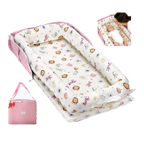 Image of Loevin Baby Lounger for Tummy Time Portable,Baby Play mat with Strap,Newborn Lounger Inner Zipper for Boys Girls 0-24 Months,Animal World Pink