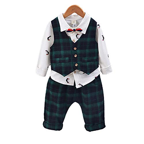 Image of Bold N Elegant Cute Cartoon Printed Full Sleeve Shirt with Plaid Waistcoat Bowtie and Pant 3 pc Clothing Set for Toddler Boys