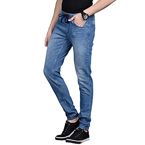 Image of CAHOOT Men' Light Blue Cinched Hem Denim Jeans for Casual Wear Light Wash 5 Pocket Drawstring Closure Cotton Denim Jeans
