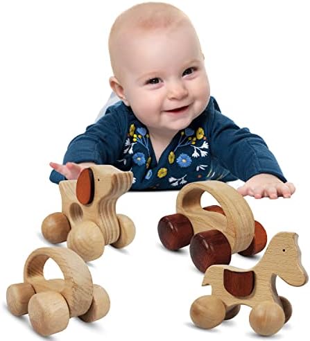 TEKOR Wooden Push Toy with Wheels for Baby, Toddler Grasping & Wood Teething - Montessori Wood Animal Car Set. Motor Development Sensory Skills, Handcrafted, Smooth, No Rough Edges (Pack of 4)