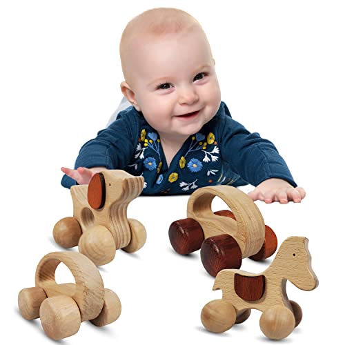 Tekor Wooden Push Toy With Wheels For Baby, Toddler Grasping & Wood Teething - Montessori Wood Animal Car Set. Motor Development Sensory Skills, Handcrafted, Smooth, No Rough Edges (Pack Of 4) #TOP26