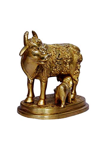 Image of Brass Kamdhenu Cow and Calf Nandi Pooja Figurine Sculpture, Product Dimensions - 6.5 x 3.2 x 5.5In, 2.2Kg