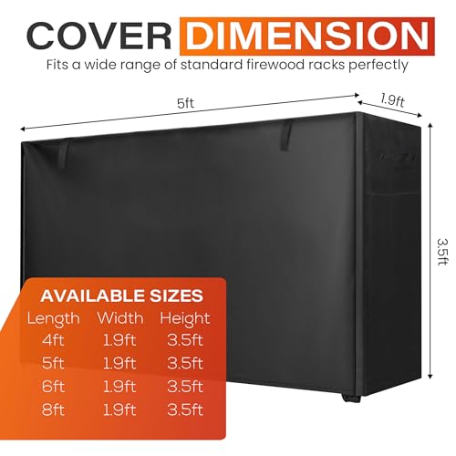 5ft Waterproof Firewood Rack Cover - Heavy Duty Black 600D Oxford Fabric - Indoor Or Outdoor Firewood Log Cover with Zipper & Adhesive Closing Strips - Rack NOT Included - Black by JJASMAMV Home Products - Image 4