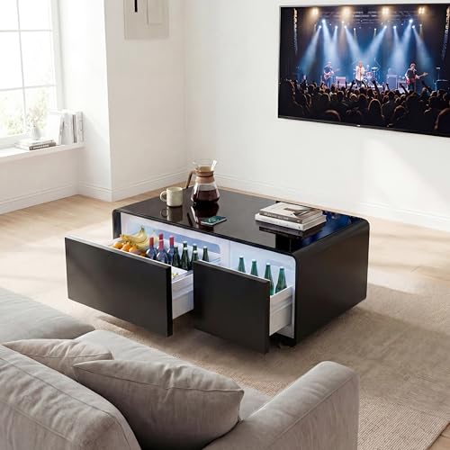 LIVTAB Smart Coffee Table, Living Room Table with Built in Fridge, 23' D x 41.5' W x 18.2' H, 15W Wireless Charging, USB Chargers and Speakers (Black)