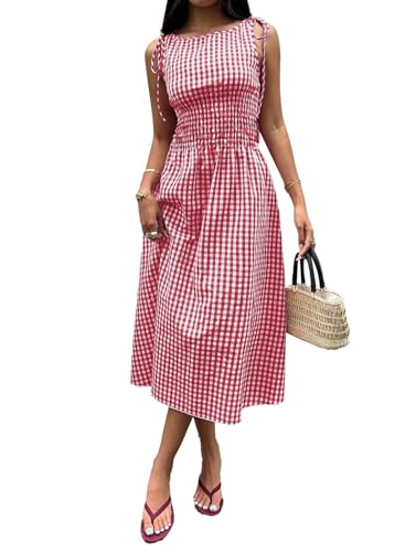 Acelitt Summer Maxi Dresses for Women 2026 Smocked Waist Gingham Dress Flowy A Line Beach Long Sun Dresses with Pockets Vacation Outfits Red Medium
