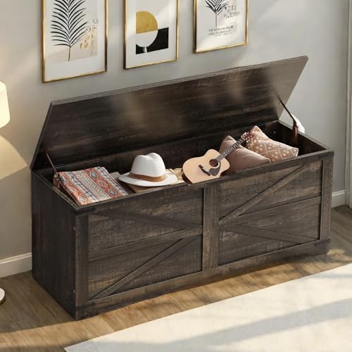 DWVO Storage Bench with Storage, 47.2" Wooden Trunk, Storage Chest with Safety Hinges for Living Room, Entryway, Bedroom
