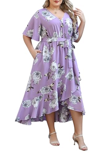 Image of Keluummi Plus Size Maxi Dress for Women V-Neck Floral Empire Waist 3 /4 Sleeve with Pockets