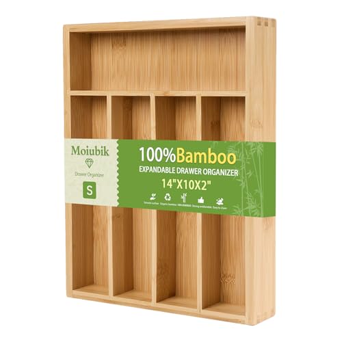 Bamboo Expandable Silverware Drawer Organizer, Adjustable Utensil Tray Cutlery Holder for Kitchen Drawer, Flatware Storage Organizer for Spoons, Forks and Knives, Natural (5 Slot,)
