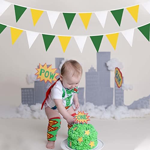 10M/32Ft Yellow Green White Fabric Bunting Banner Party Decorations Triangle Flag Garland Pennant for Spring Summer Wedding Birthday Engagement Baby Shower Home Outdoor Garden Hanging Festivals Decor