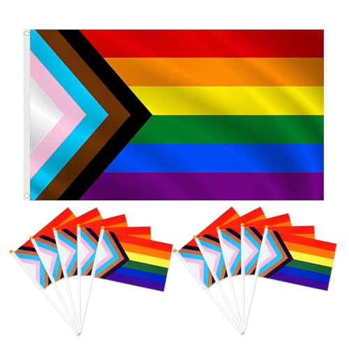 90 × 150cm Pride Flag With 10Pcs 14 × 21cm Mini Handheld Rainbow Flag Gay LGBTQ Pride Decorations for Mardi Gras Parade Festival