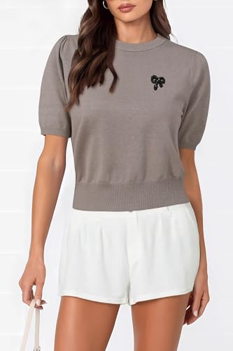 Arach&Cloz Women's Puff Short Sleeve Shirts 2025 Summer Crew Neck Sequin Cute Crop Tops Trendy Casual Pullover3