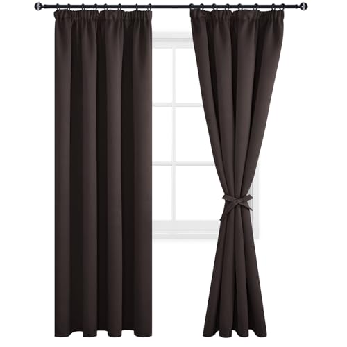 DWCN Brown Curtain with Tiebacks Blackout Curtains Pencil Pleat for Bedroom Thermal Insulated Curtains for Living Room 66 x 72 inch Length