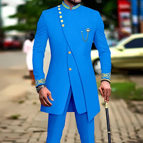 African Suits for Men Double Breasted Slim Fit Embroidery Blazer and Pants 2 Piece Set Dashiki Outfits2