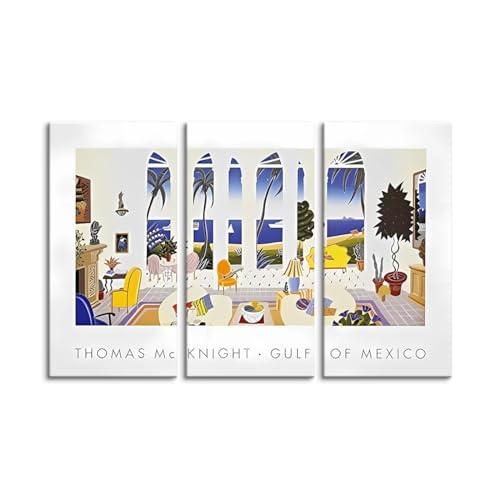 アートパネル トーマスマックナイトの南国風 絵画 額入りポスター「GULFOF MEXICO」フレーム付き メキシコ湾 木枠付きの完成品 (30*60cm*3枚(12*24in*3pcs),A)