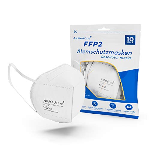 Preisvergleich Produktbild AirMedOne FFP2 Maske, Atemschutzmaske mit offiziellem Zertifikat CE2163 [10 Stück] Mundschutz Maske 5-lagig 3D Gesichtsmaske faltbar