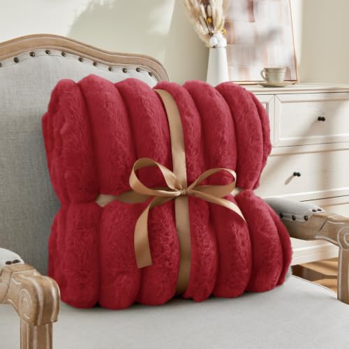 Image of BEDELITE Faux Fur Throw Blanket for Couch, 770GSM, 50 inch x 60 inch, Red | Soft and Cozy Luxurious 3D Striped Fluffy Blanket, Warm Plush Fuzzy Faux Rabbit Fur for Women Gift, Stylish Room Decor