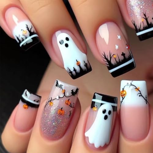 Halloween Square Press on Nails Medium French Tip Fake Nails- 24Pcs Halloween Spooky Ghost False Nails with Pumpkin Black Forest Designs Glossy Acrylic Glue on Nails for Women DIY Manicure Tips
