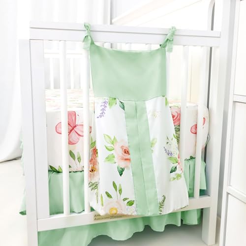 Image of 4 Piece Crib Bedding Set for Girls, Baby Girl Crib Bedding Set Butterflies Floral Nursery Bedding Set Includes Comforter, Fitted Crib Sheet, Crib Skirt, and Diaper Stacker, Green & Pink | Garden Theme