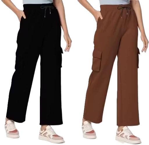 Modern Solid Cotton Blend Womens Cargo Trousers Set of Two Casual Utility Fit Bottoms-picture-37