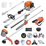 Benzin Motorsense 52 cm³ 8-in-1 Multitool, 2-Takt Freischneider mit Rasentrimmer, Heckenschere, Hochentaster, Kettensägenaufsatz, 90° Kantenschneider und Trimmerkopf für Garten Orange