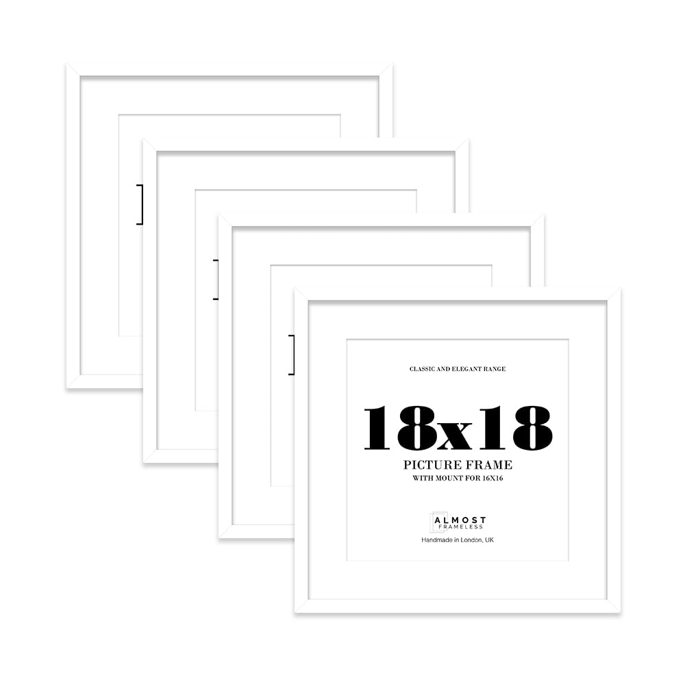 18x18 White Picture Frame with Mount for 16x16 Photos, Prints - Modern Square Wall Frame, Set of 4