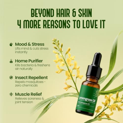 Image of My Pahadi Dukan 10ml Lemongrass Essential Oil, 100% Pure Steam Distilled, Aromatherapy, Skin Care, Stress Relief, Chemical-Free & Undiluted, Natural Antibacterial & Antifungal, Supports Clear Skin & Oil Control