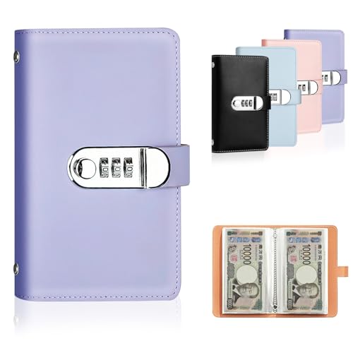 aninako お札 貯金箱 札 紙幣100枚収納 コンビネーションロッ 厚手の革 隠し金庫 お金仕分け 封筒貯金 貯金ファイル 本型 紙幣 記念紙幣 (パープル)