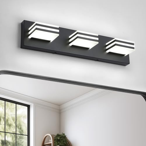 Image of Black Vanity Lights 3 Light Bar Light for Bathroom 20 Inch Mirror Light Fixtures Black Bath Lamps above Mirror 18W Vanity Sconces Modern Bathroom Sink Lights Acrylic Wall Lighting for Restroom