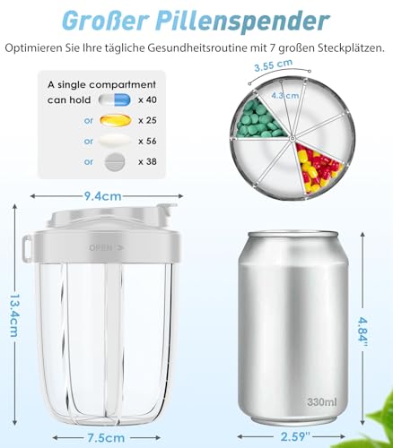 Tablettenbox 7 Tage Morgens Mittags Abends | Rund mit 7 Großen Fächern & Anti-Verwechslungs-Design | Breite Öffnung, BPA-frei & Tragbar | Für Medikamente, Vitamine, Fischöl usw (Grau)