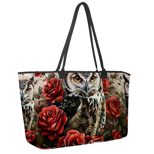 Large Beach Bag for Women, Vintage Owl Rose Flowers Clock Travel Tote with Pockets Waterproof Shoulder Handbag