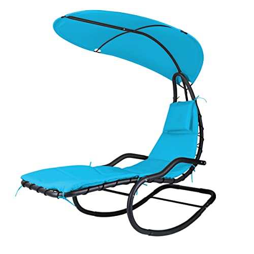 Geniqua Outdoor Hammock Rocking Chaise Lounge Swing Chair with Stand and Canopy Porch Swing w/Soft Cushion Removable Headrest Outdoor Recliner Rocking Chair for Garden Backyard Poolside (Blue)
