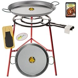 Paellera De 90 Cm COMBOI Kit Paellero - Quemador gas butano 50 cm, paellera de 60 cm + paellera 42 cm, Soporte Patas reforzadas, nivel, delantal, libro de recetas digital