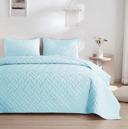 Image of SANMARINO Luxury Cotton Ultrasonic Quilted King Size Bedcover with 2 Pillow Covers | Ultra-Soft, Cozy Solid All-Season Quilt Coverlet | Premium Bedding Set for Bedroom Decor - 228x254 cm,Aqua Mist