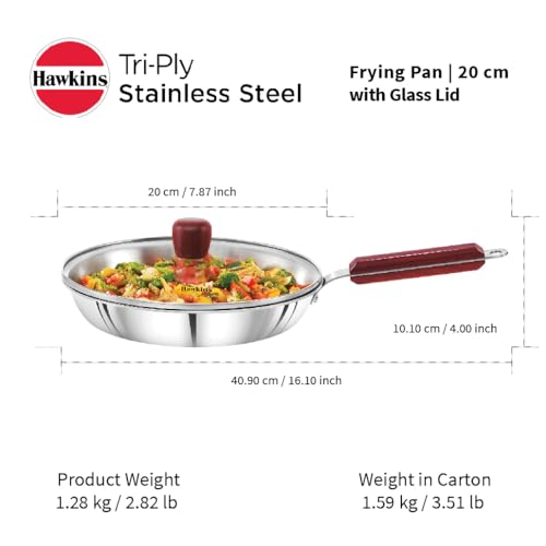 Image of Hawkins 20 cm Frying Pan, Triply Stainless Steel Fry Pan with Glass Lid, Induction Frying Pan, Silver (SSF20G)