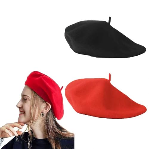 Boinas,2 Piezas Boina Francesa Vintage,Boina Negra Aspecto Fieltro Lana,Gorra Artista, Gorro Otoño Invierno,para Exteriores, Vintage, para Artista Unisex (Negro, Rojo)