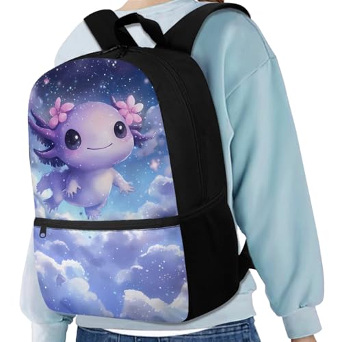 Galaxy Axolotl Backpack for Girls Kids Backpack with Lunch Box Water Bottle Carrier and Big Pencil Case 4PCS Set Bookbag with Front Pocket for School 17 inch Lightweight Elementary School Bag2