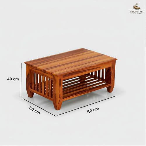 Image of Solid Sheesham Wood Coffee Table for Living Room | Wooden Rectangle Coffee /Tea Table with Storage |Center Table with Storage Teapoye for Home, Living Room, Balcony (Honey Finish)