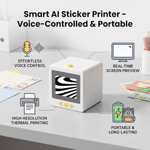 Image of Smart AI Sticker Printer, Voice Controlled Portable Thermal Inkless Sticker Maker Machine with 2.4 Inch Screen for DIY Arts Crafts (White)
