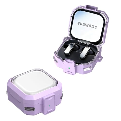 Image of Transparent Lock Armor Case Cover for Samsung Galaxy Buds 4 and 4 Pro, Clear, Shockproof with Heavy Duty Carabiner (Purple, Transparent Armor Lock)