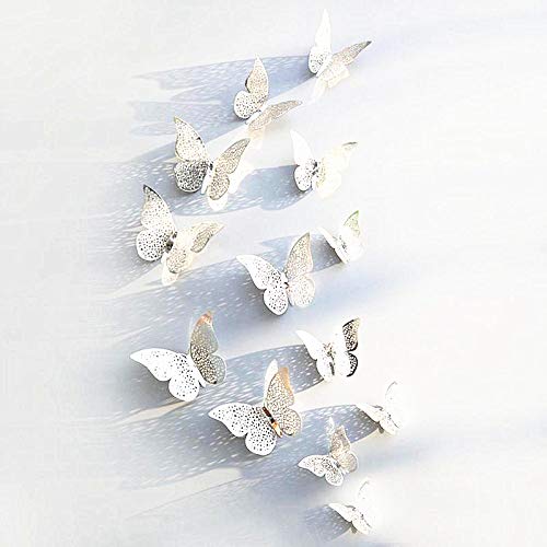 12 pegatinas de pared de mariposa 3D de plata para decoración de la habitación del hogar (plata - 3)