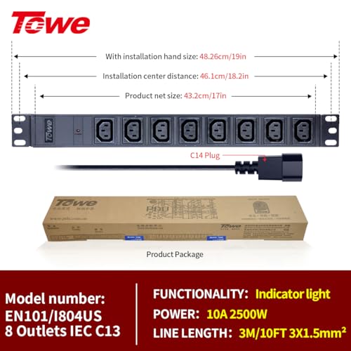 Regleta eléctrica metálica Towe 8 tomas IEC C13 con cable 10FT C14, montaje en pared, espaciamiento amplio, para centro de datos, 10A miniatura 2