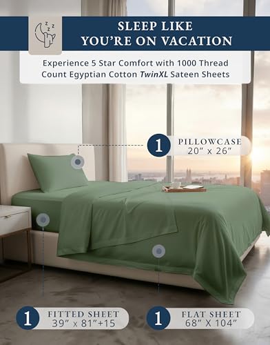 Image of LANE LINEN Dorm Sheets Twin XL Set 100% Egyptian Cotton - Iceberg Green | Sheets Twin XL Size Bed Set - 3-Piece Set, 15 inch Deep-Pocket Snug Fit, 1000 Thread Count, Fits Extra-Long Twin Beds