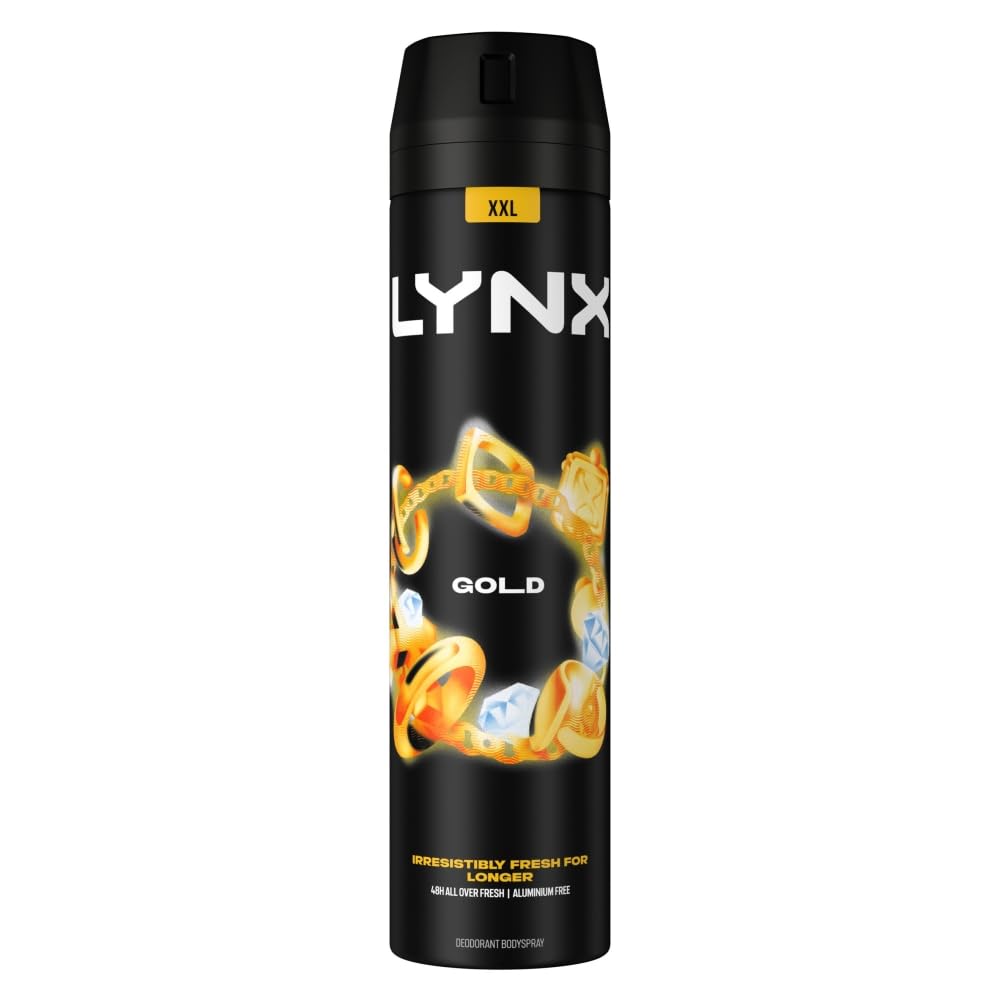 Lynx Gold Aerosol Body Spray Men's Deodorant Spray with a Dark Vanilla & oud scent for 48 hours of odour busting, high defnition fragrance 250 ml